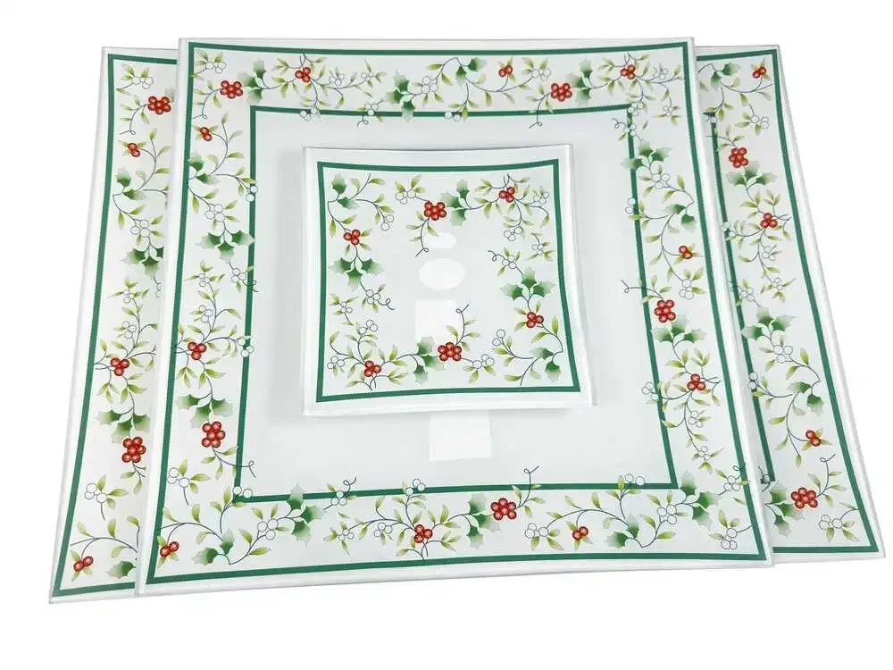 Vintage Pfaltzgraff Winterberry 3-Piece Nesting Glass Tray Set Holly Berry